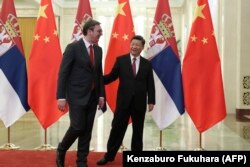 Serbian President Aleksandar Vucic (left) and Chinese President Xi Jinping in the Great Hall of the People in Beijing in April 2019. Beijing enjoys a close relationship with Vucic and has been steadily deepening ties.