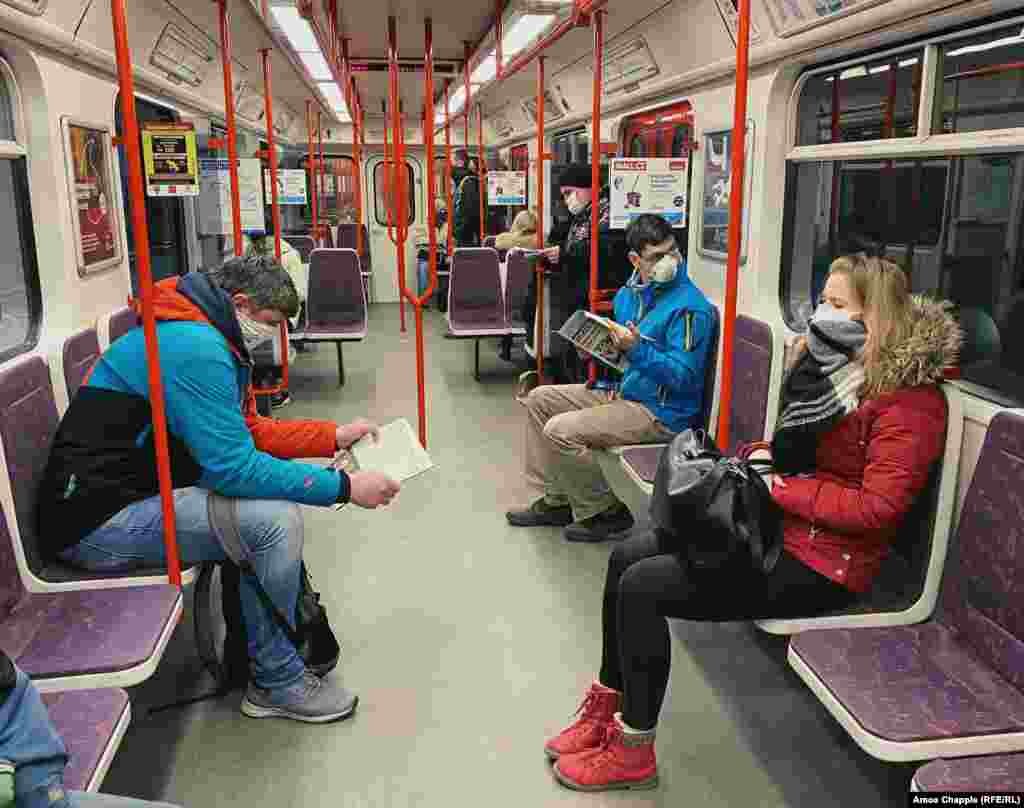 A subway car at 7:40 a.m. on March 17, the day after Prague City Council announced people would be required to wear face masks inside the city's transport network. 