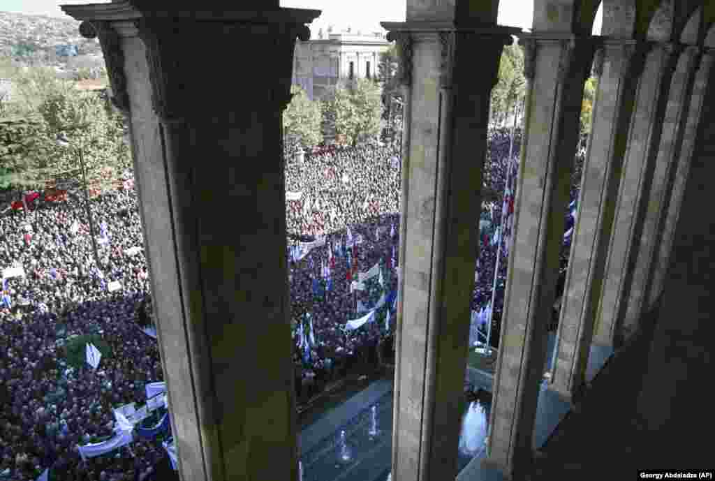 Georgians gather on Rustaveli Avenue in front of the parliament in November 2007, calling for the resignation of President Mikheil Saakashvili. Many protests have taken place along Rustaveli in the 21st century including the “Rose Revolution" that swept Mikheil Saakashvili to power in 2003, and the anti-Saakashvili protests in 2007 (pictured) that were violently put down by the controversial pro-Western leader. 