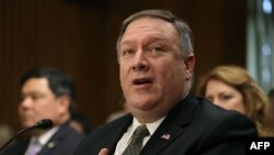 Mike Pompeo speaks during his confirmation hearing before the Senate Foreign Relations Committee on Capitol Hill in Washington, D.C., on April 12.