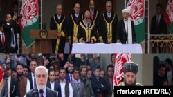 Președintele ales Mohammad Ashraf Ghani și principalul său rival, Abdullah Abdullah depun juramânt ca președinte al Afganistnului, 9 martie 2020. 