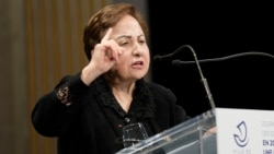 Shirin Ebadi speaks during an International Women's Day event in Paris in March 2024.