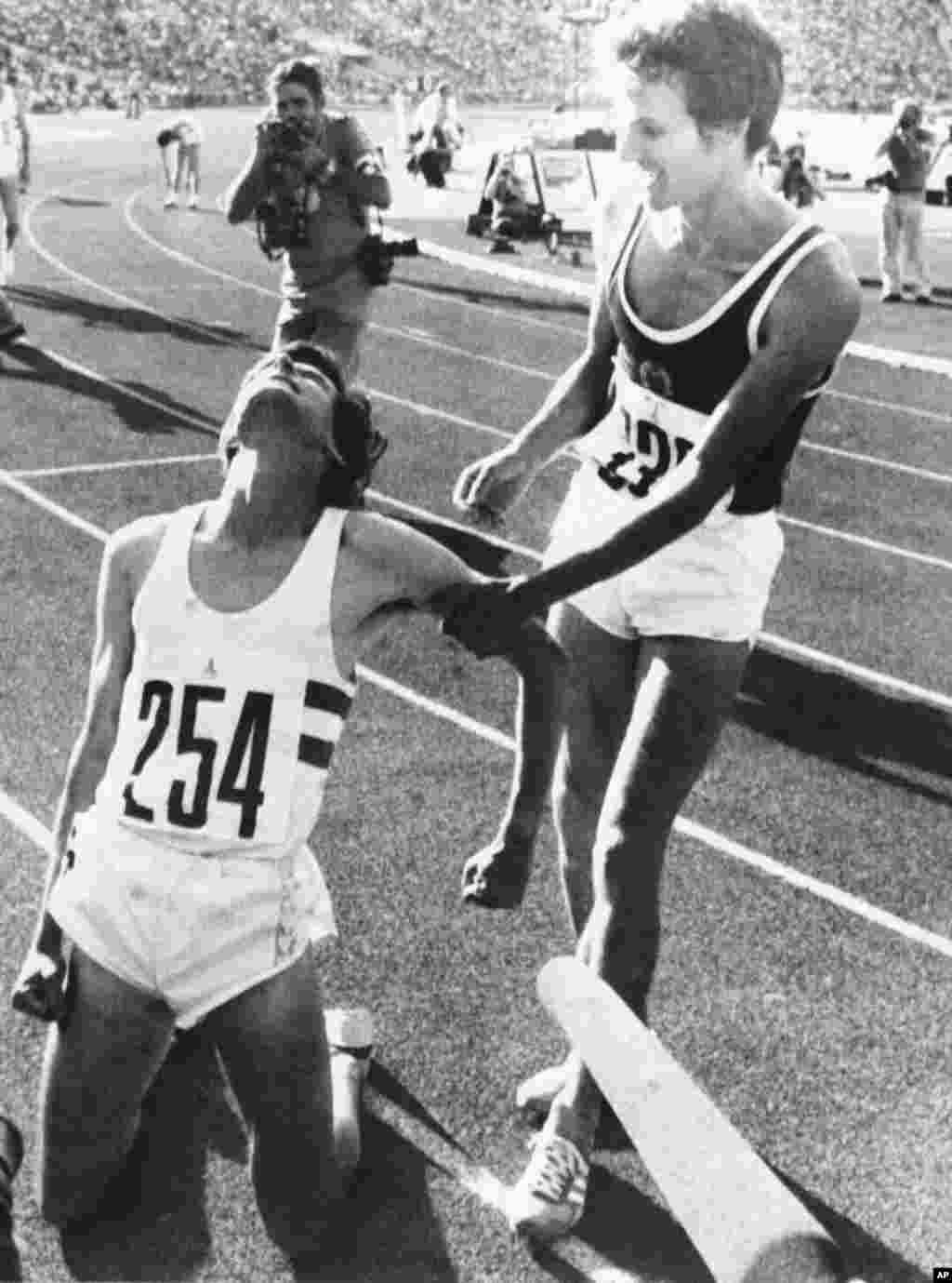 East Germany’s Jurgen Straub (right) and Sebastian Coe of Britain after Coe won gold in the 1,500 meters. 