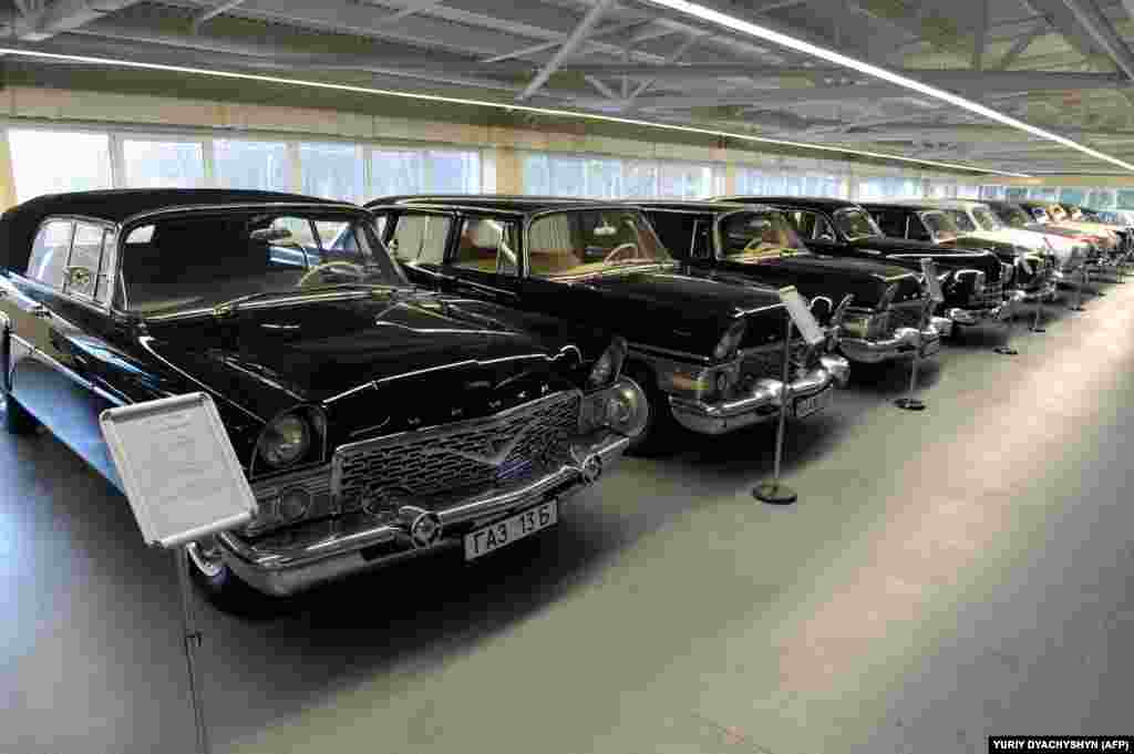 Soviet-made cars in the hangar containing Yanukovych's collection. Experts say the hoard of around 70 vehicles was worth a total of around $4 million. 