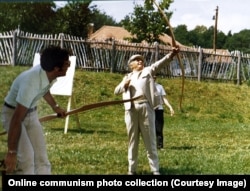 Ceausescu fires an arrow while on holiday in Moldova in 1976.
