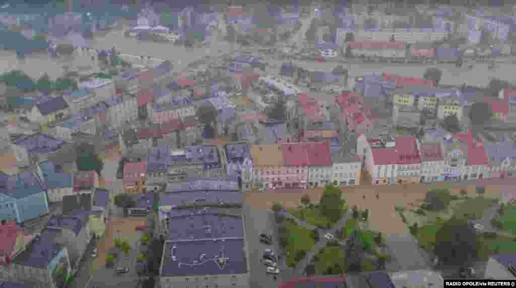 A drone captures the flooded landscape in Glucholazy, southwestern Poland. 