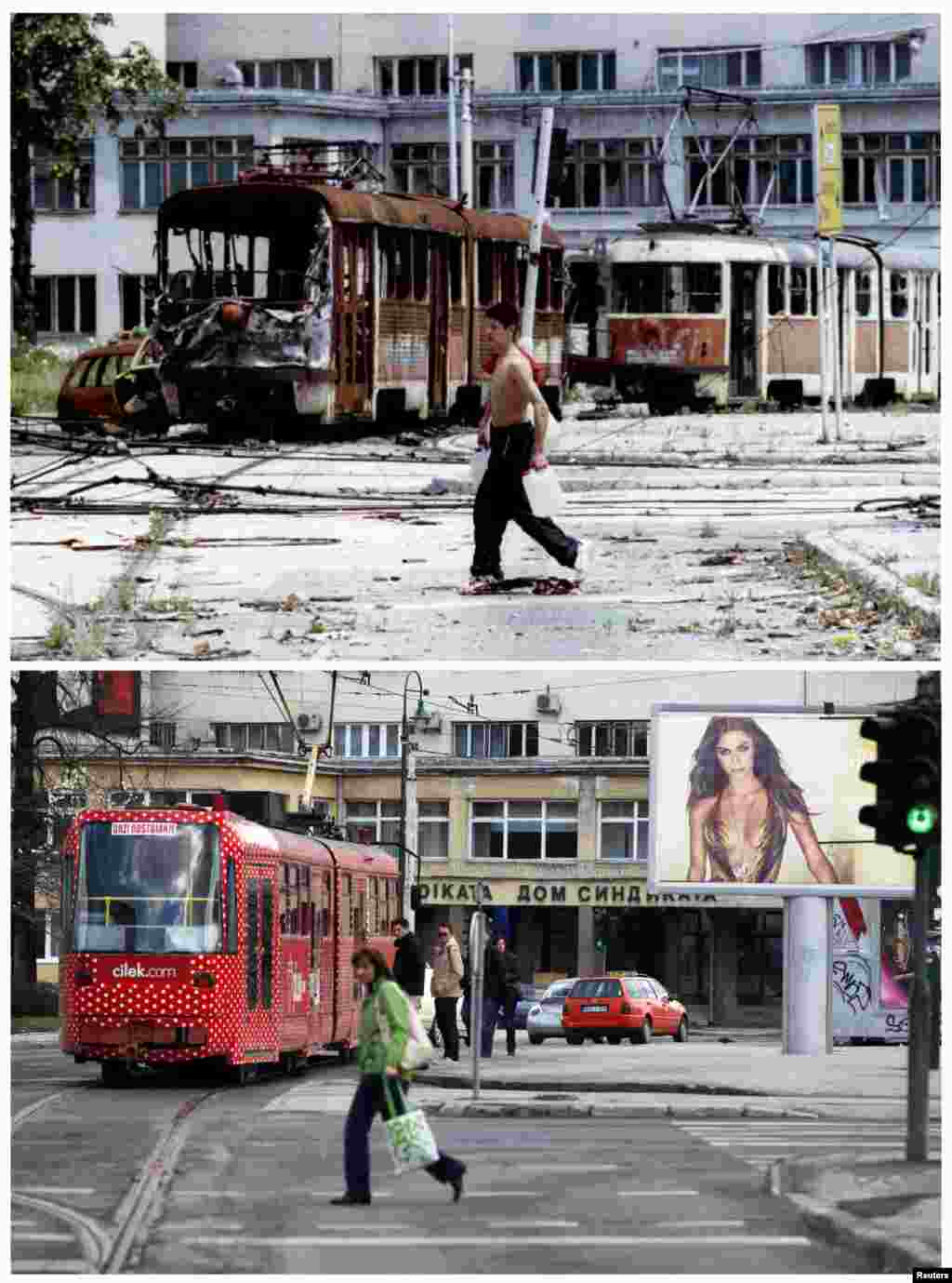 A Bosnian teenager carries containers of water in front of destroyed trams at Skenderia Square in Sarajevo on June 22, 1993. A woman passes through the same square on April 4, 2012.