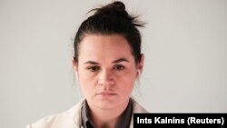 Svyatlana Tsikhanouskaya speaking at a UN online debate from Vilnius on September 4.