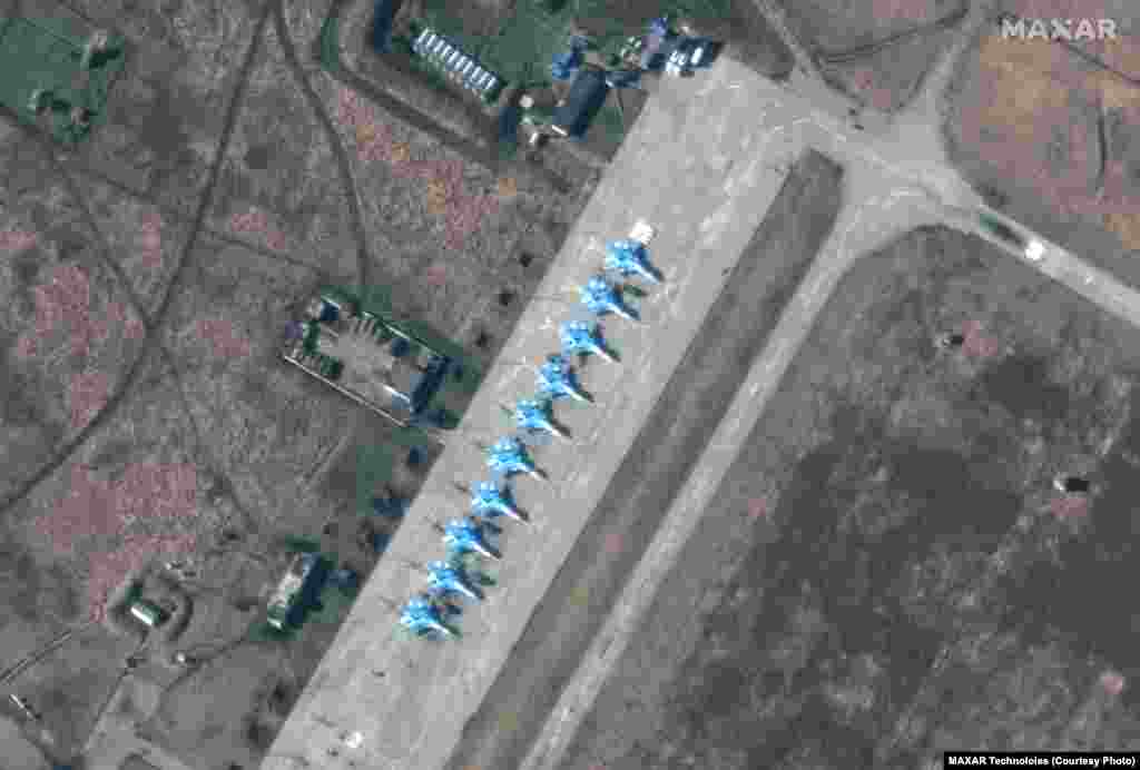A new deployment of Su-34 fighter jets at the Primorsko Akhtarsk air base in the Krasnodar region, Russia, on February 13. The base is near Crimea and Ukraine's southern border.