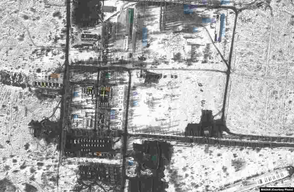 A field hospital and troop deployment in western Belgorod, Russia, on February 21. Maxar says Russia has added troops and equipment in rural areas southwest of Belgorod, less than 20 kilometers northwest of the border with Ukraine. &nbsp;