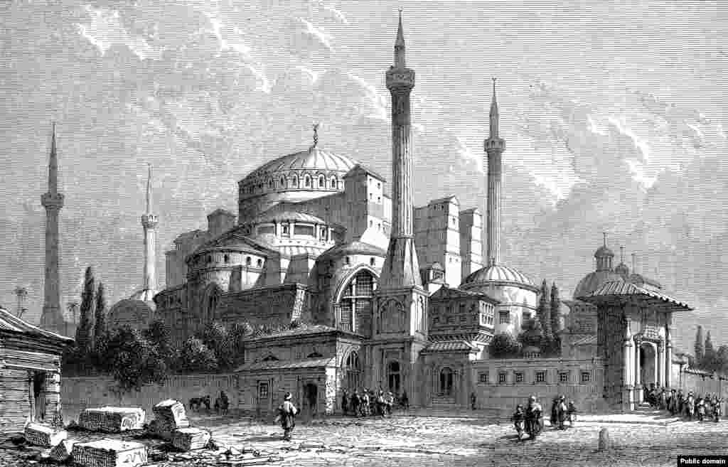 Изображение Айя-Софии, 1857 год. К бывшему собору пристроили башни-минареты, с которых муэдзины призывали мусульман на молитву. 