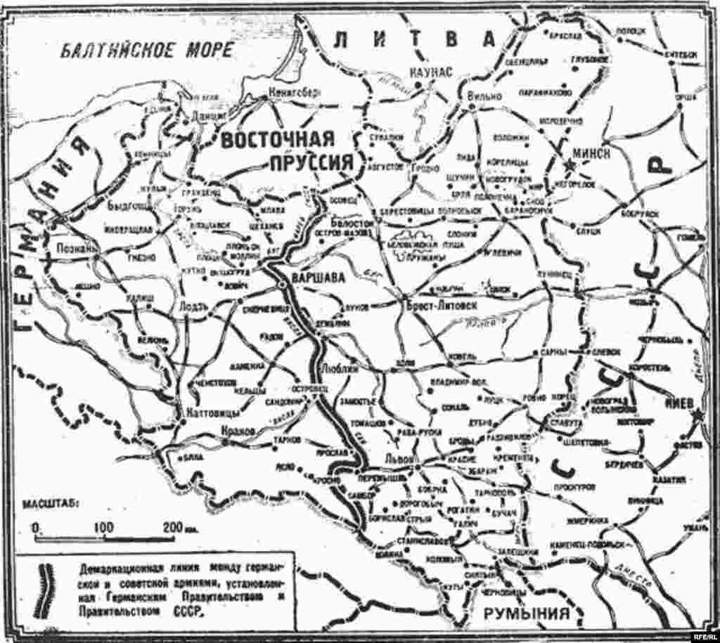 Harta sovietică a spațiului afectat de Protocolul secret.