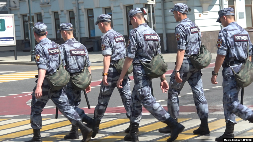 Russian police move into position ahead of the protest rally, which had been called for by opposition politician Aleksei Navalny. 