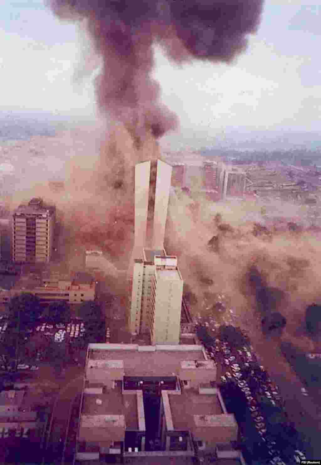 A plume of smoke shoots into the sky moments after a truck-bomb explosion at the U.S. Embassy in Nairobi, Kenya, in 1998. Through the 1990s, bin Laden claimed responsibility for several terror attacks, including the truck bombings of U.S. embassies in Kenya and Tanzania. The vast majority of the 224 people killed in the attacks were local Africans.