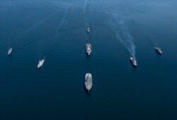 NATO ships sail in formation during Boltops 20 exercises in the Baltic Sea on June 8.