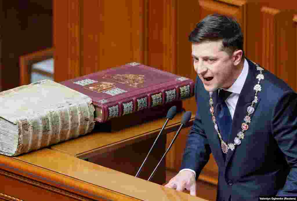Zelenskiy made reference to U.S. President Ronald Reagan, another actor elected to high office, saying: &quot;Government is not the solution to our problem; government is the problem,&quot; a quote from Reagan&#39;s first inaugural address in 1981.
