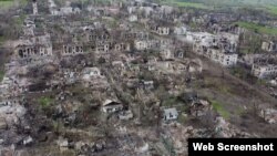 The village of Novotoshkivske in Ukraine's Luhansk region after prolonged strikes by Russian forces in April 2022.
