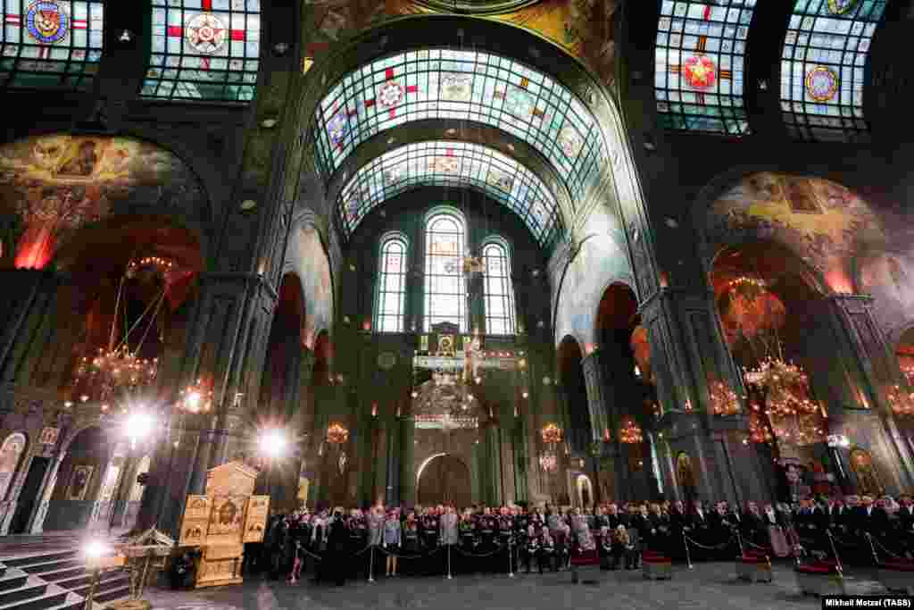 The height of the cathedral's belfry -- 75 meters -- marks the 75th anniversary of the Soviet Union's defeat of Nazi Germany.