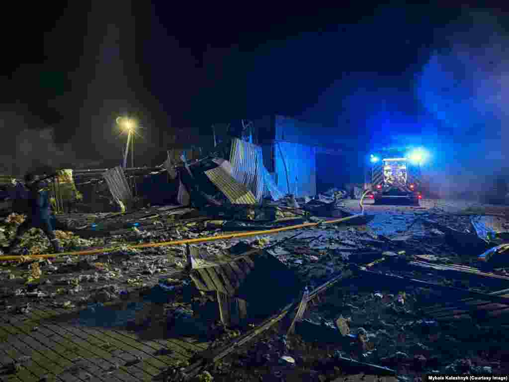 A exterior of the hangar seen in the early hours of January 28. No casualties were reported in the Russian strike. 