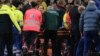Medics carry Hungary's assistant coach Adam Szalai from the pitch during the UEFA Nations League soccer match between Netherlands and Hungary in Amsterdam on November 16.