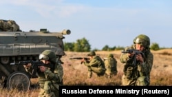 Russian motorized infantry take part in joint Russian-Belarusian military exercises in Belarus in September.