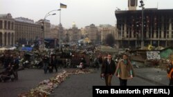 Independence Square in Kyiv still bears the scars of the past few tumultuous months. 