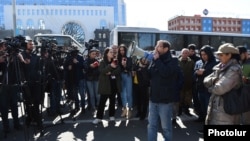 Opposition supporters protest in front of the Foreign Ministry in Yerevan on March 13.