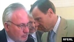 Igor Popov (left) and Robert Bradtke, the Russian and U.S. co-chairs of the OSCE Minsk Group, after talks with Karabakh Armenian leaders in Stepanakert on July 2.
