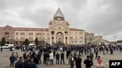 Nagorno-Karabakh - People gather outside the parliament building in Stepanakert during the election of a new Karabakh president, September 9, 2023.