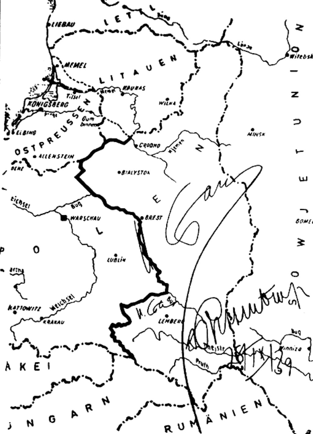 Harta zonei afectată de Protocolul secret al Pactului, cu semnătura lui Iosif Stalin.