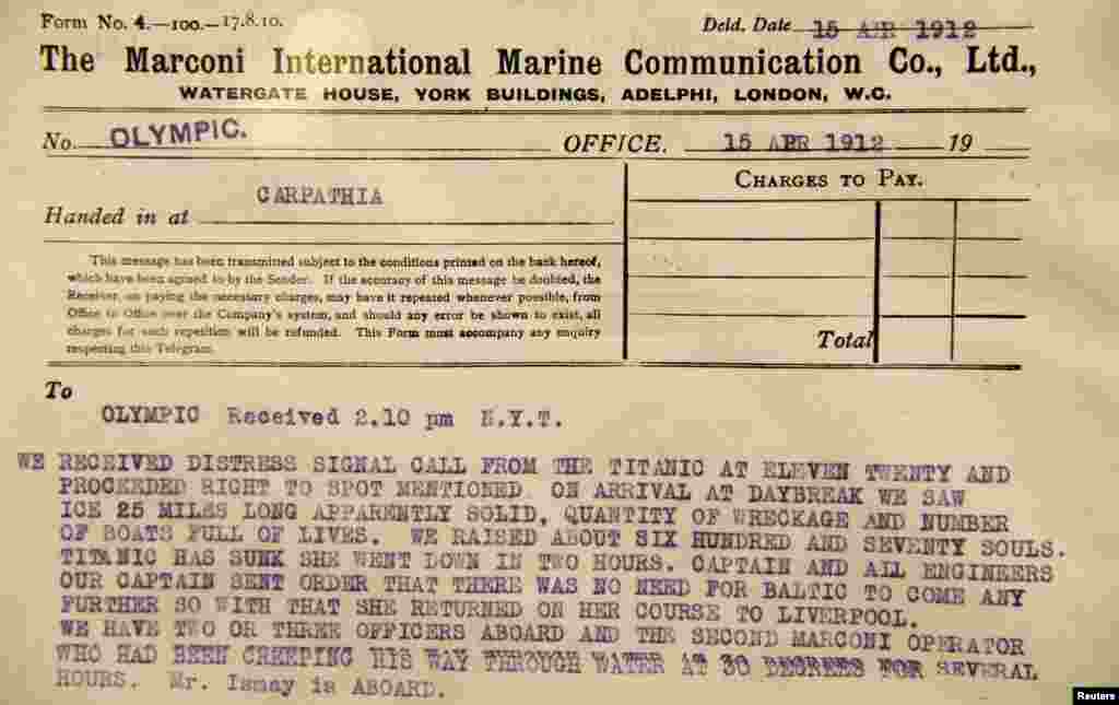 A Marconi wireless message telling of the "Titanic's" distress call is displayed at Bonham's auction house in New York on April 10, 2012.