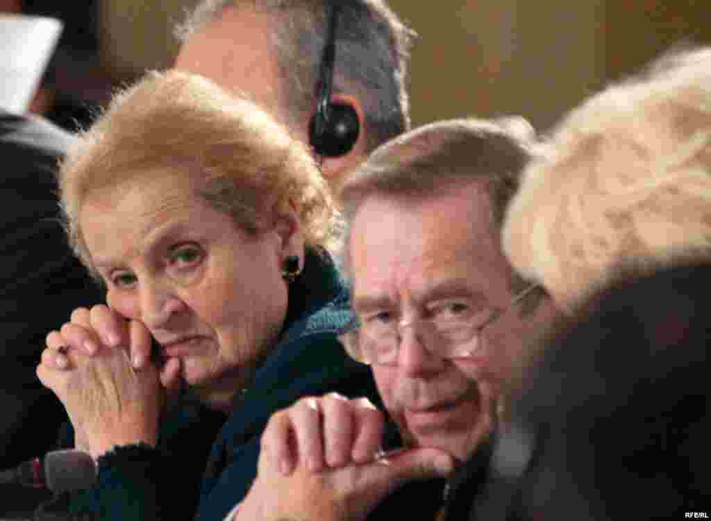 Former U.S. Secretary of State Madeleine Albright (left) joins Havel at his Forum 2000 Conference in Prague in October 2007.